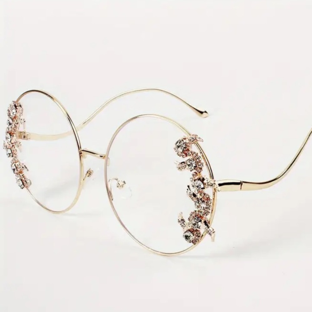 Gold Crystal Leaf studded blue clear l lens fashion glasses